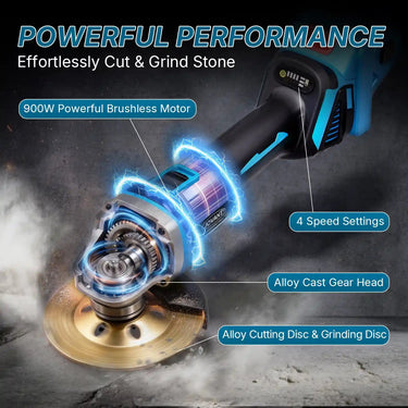 900W powerful brushless motor effortlessly cuts and grinds stone. 4 speed settings match different materials, and the alloy cast gear head delivers durability and long tool life. Comes with alloy cutting and grinding discs for immediate use.