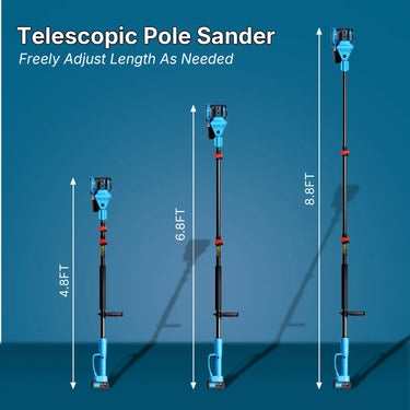 Telescopic JOVANT pole sander with adjustable 4.8 ft to 8.8 ft extendable pole for ceilings and high walls.