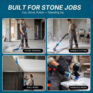 Built for stone jobs--cut, grind and polish while standing up. Handles stone grinding, marble cutting, wall work and converts to handheld mode for detail work. Perfect for tile, marble, concrete and countertop projects.