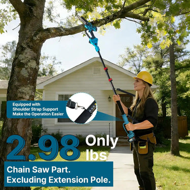 This pole saw tree trimmer has brushless motor for up to 96 cuts per charge on a 4-inch x 4-inch pressure treated pine wood, 8-inch low kick back full compliment bar and chain, auto oiling for low maintenance comfort grip handle