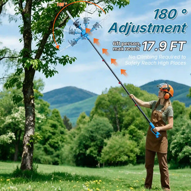 Jovant cordless pole saw with 180° adjustable cutting head, up to 17.9 ft max reach, safely trim tall tree branches without climbing ladder