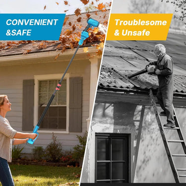 Convenient and safe. Stay on the ground and blow roof leaves with the telescoping pole--instead of the troublesome, unsafe work of balancing a gas leaf blower on a ladder. Reduce fall risk and protect your back.