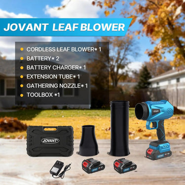 The package of cordless leaf blower includes: 1*leaf blower body, 1*blow tube, 1*extension nozzle, 2*20V 2.0Ah batteries, 1*charger, 1*user manual.