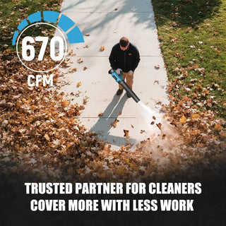 leaf blower activate turbo mode to deliver up to 670 CFM to power through wet leaves, caked on grass, rocks, and other debris