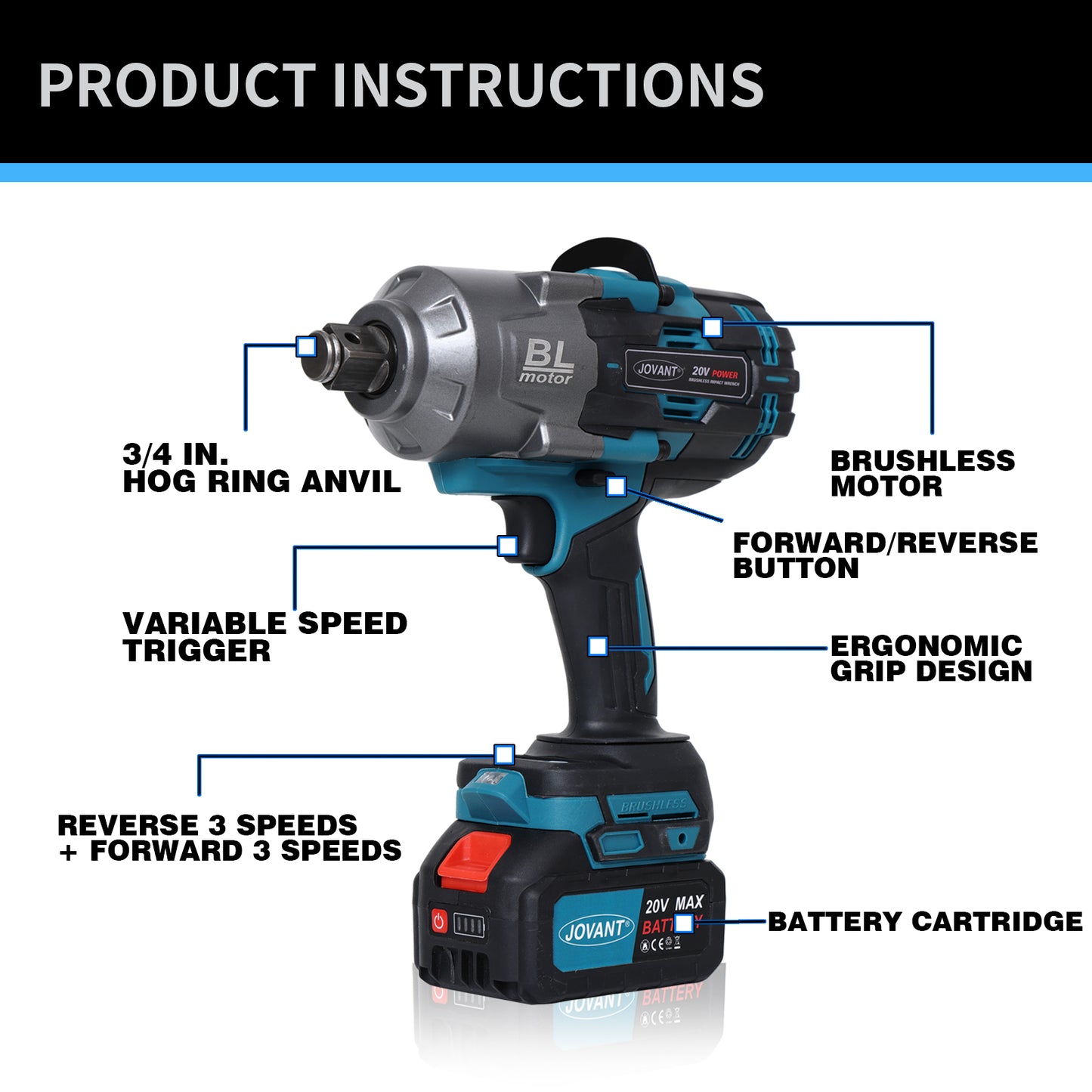 JOVANT Cordless 3/4'' High Torque Impact Wrench with Battery and Accessories