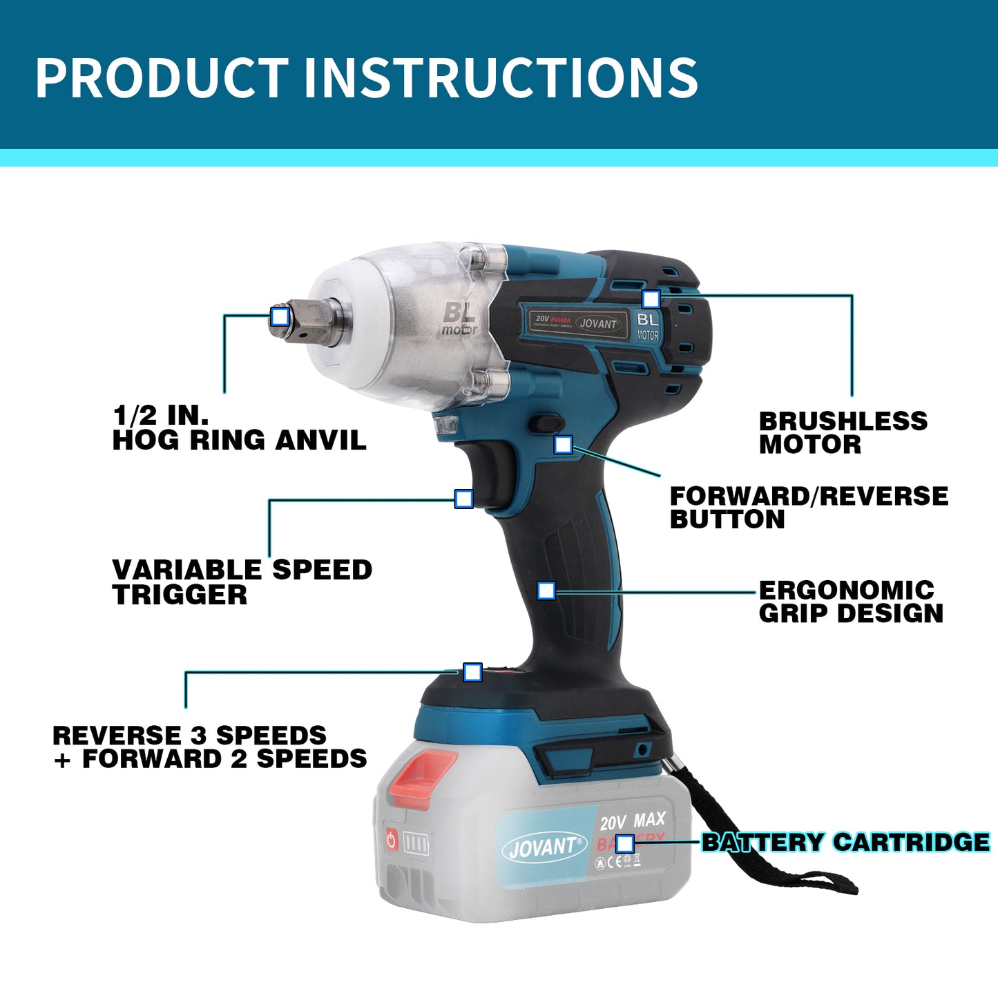 JOVANT 1000N.m Cordless Impact Wrench, Brushless with Battery