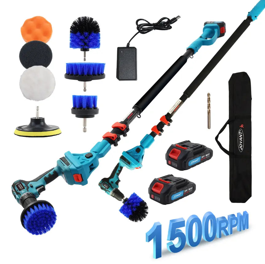 Cordless Telescoping Cleaning Tools&Power Drill with 2-Max 20V Batteries and 2.0A Charger 2-in-1 Cordless Pole Drill 5.3 to 15-Feet with 180° Telescoping Pole Include 7Pcs Drill Brushes