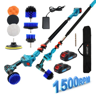 Cordless Telescoping Cleaning Tools&Power Drill with 2-Max 20V Batteries and 2.0A Charger 2-in-1 Cordless Pole Drill 5.3 to 15-Feet with 180° Telescoping Pole Include 7Pcs Drill Brushes