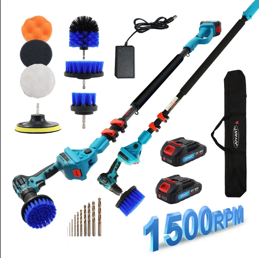Cordless Telescoping Power Drill&Cleaning Tools with 2-Max 20V Batteries and 2.0A Charger 2-in-1 Cordless Pole Drill and Cleaning Brush from 5.3 to 15ft&Head Pivots 180° Telescoping Pole