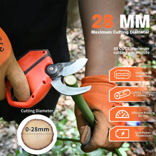 Electric pruner up to 1.1inch (25mm) cutting quickly and cleanly trim branches without damage.High strength steel blades and a brushless motor ensure sharpness and durability for cutting 1inch branches
