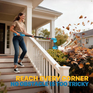 pole leaf blower blows fallen leaves off the greenery beside the courtyard.