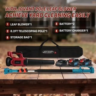 Pole Leaf Blower's package includes: 1 leaf blower main unit, 1 telescopic pole, 1 blower tube, 1 extension nozzle, 2 * 20V 4.0Ah batteries, 1 fast charger, and 1 user manual
