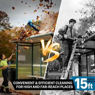 Cordless Pole Leaf Blower features an adjustable telescopic pole that extends up to 15ft