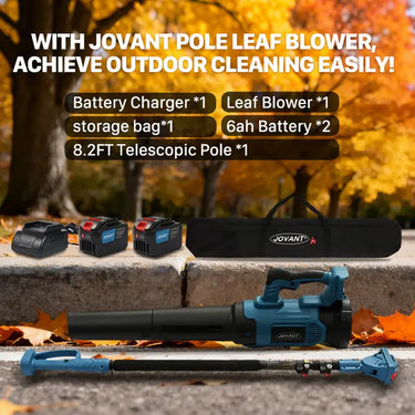 Pole Leaf Blower's package includes: 1 leaf blower main unit, 1 telescopic pole, 1 blower tube, 1 extension nozzle, 2 * 20V 6.0Ah batteries, 1 fast charger, and 1 user manual