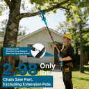 This pole saw tree trimmer has brushless motor for up to 96 cuts per charge on a 4-inch x 4-inch pressure treated pine wood, 8-inch low kick back full compliment bar and chain, auto oiling for low maintenance comfort grip handle